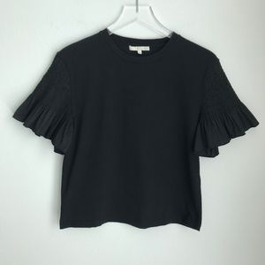 Maje Lars Smocked Ruffle Cotton Tee Size S Black Short Sleeve Slim Fit Crew Neck